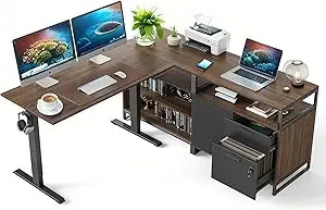 Electric Standing Desk Adjustable Height L-Shaped Executive Desk With Storage