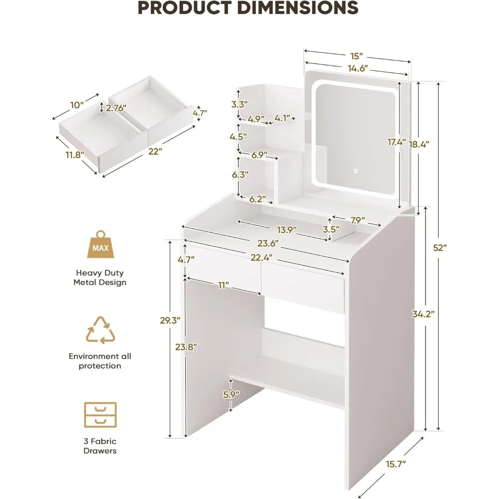 Small Vanity Desk Set with Square Mirror and Adjustable LED Light