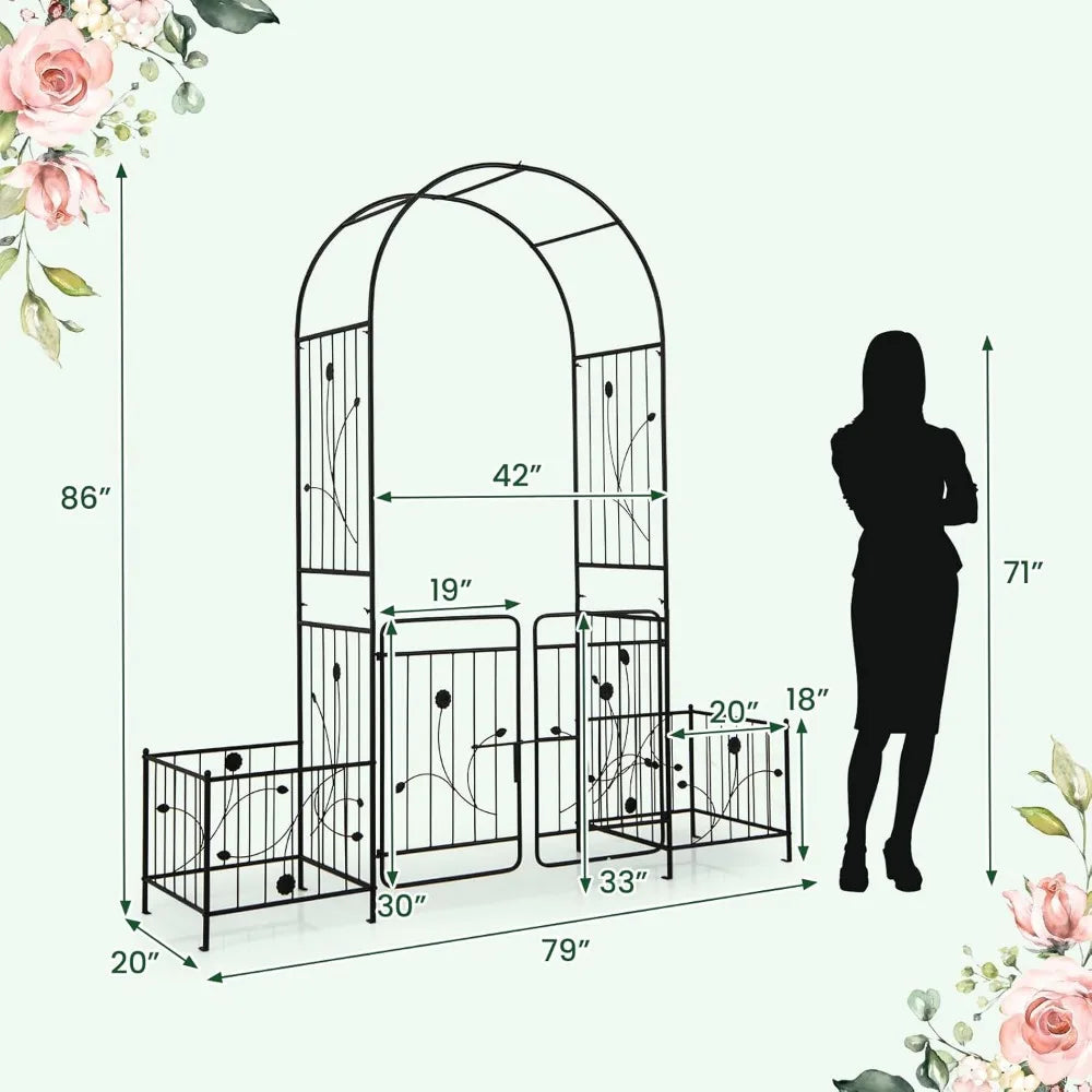 Happygrill Garden Arbor Metal Archway Pergola with Planters and Gate