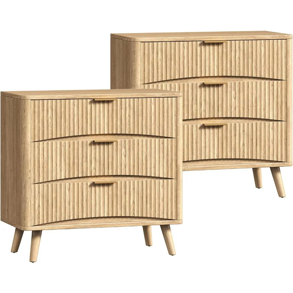 Large Fluted Nightstands Set of 2 3-Drawer Wood Bedside Table