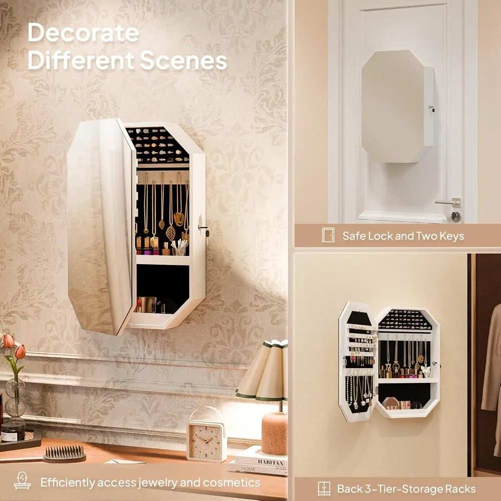 Modern Diamond Jewelry Armoire Lockable Wall Mounted Organizer with Mirror