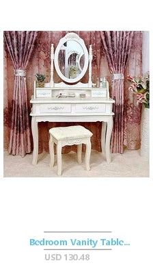 Makeup Vanity Set Writing Desk Trifold Mirror Stool Organizer Wood Retro