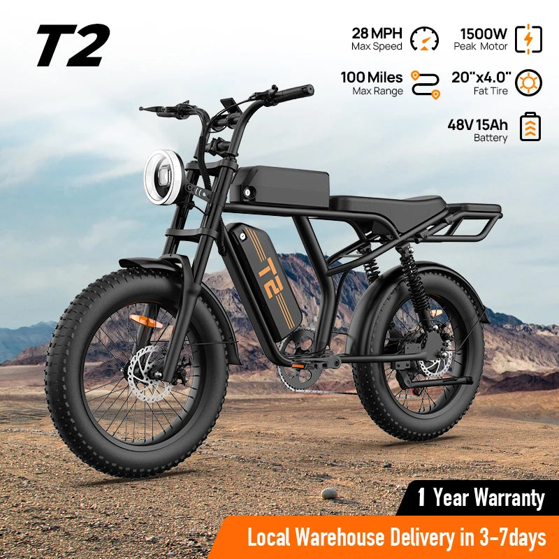 1500W Electric Mountain Bike 48V 100 Mile Range Fat Tire E-Bike