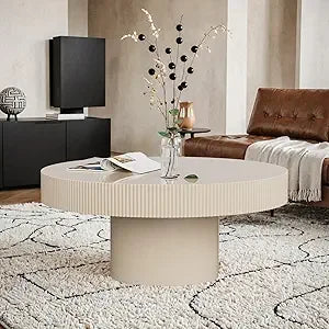 Round Fluted Coffee Table Modern Handcrafted Drum Table Low Profile