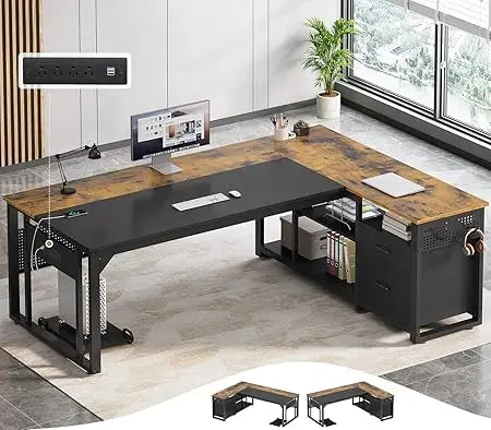 L Shaped Executive Desk with Power Outlets & Storage for Home Office