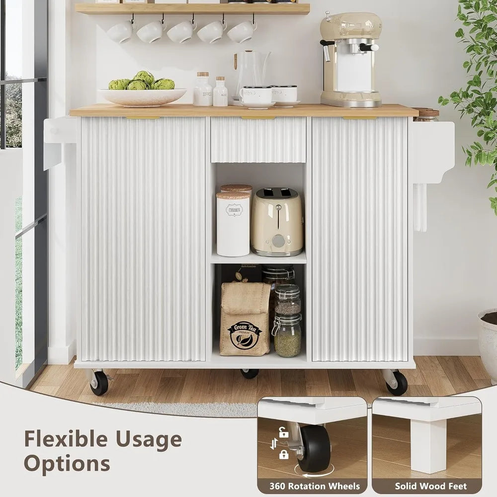 Rolling Kitchen Island with Trash Can Storage and Drop Leaf Design