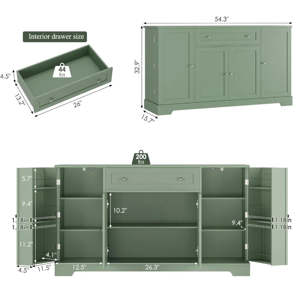 54 Inch Modern Buffet Cabinet with Storage Adjustable Shelves Sideboard