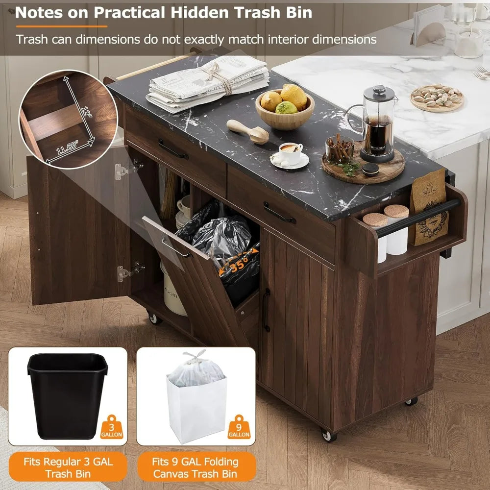 Rolling Kitchen Island on Wheels with Hidden Trash Can Storage