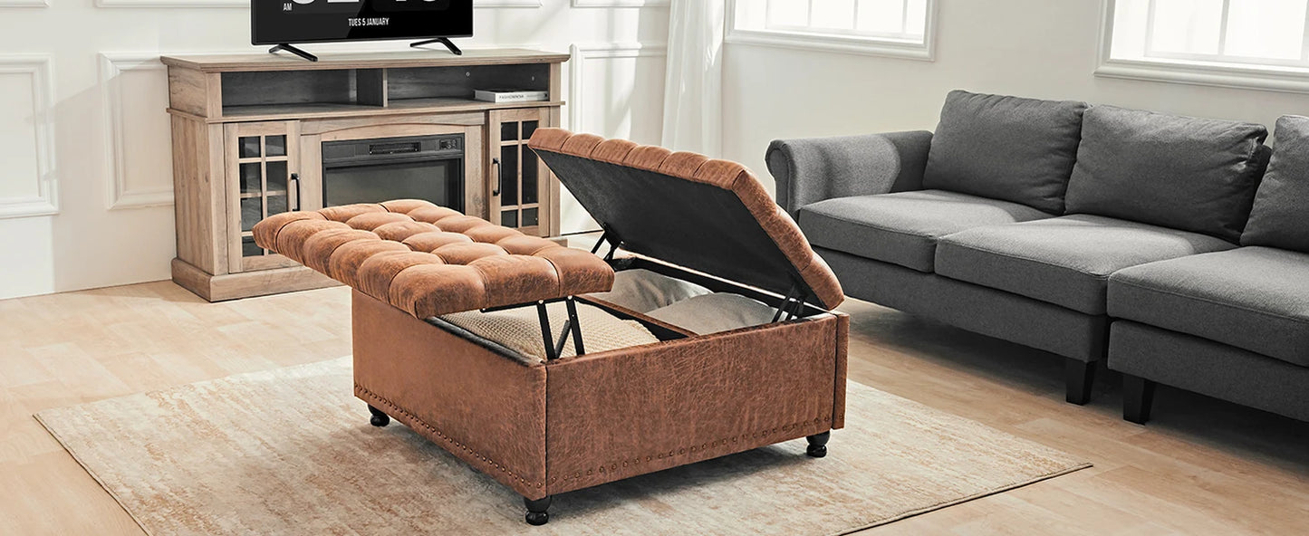 Large Square Storage Ottoman Bench Lift Top Upholstered Coffee Table