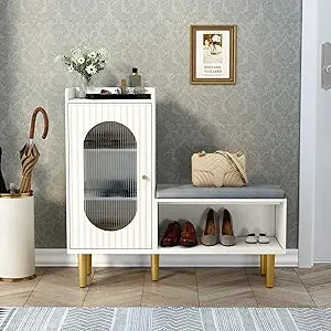 Modern Entryway Storage Bench with Glass Door and Padded Seat