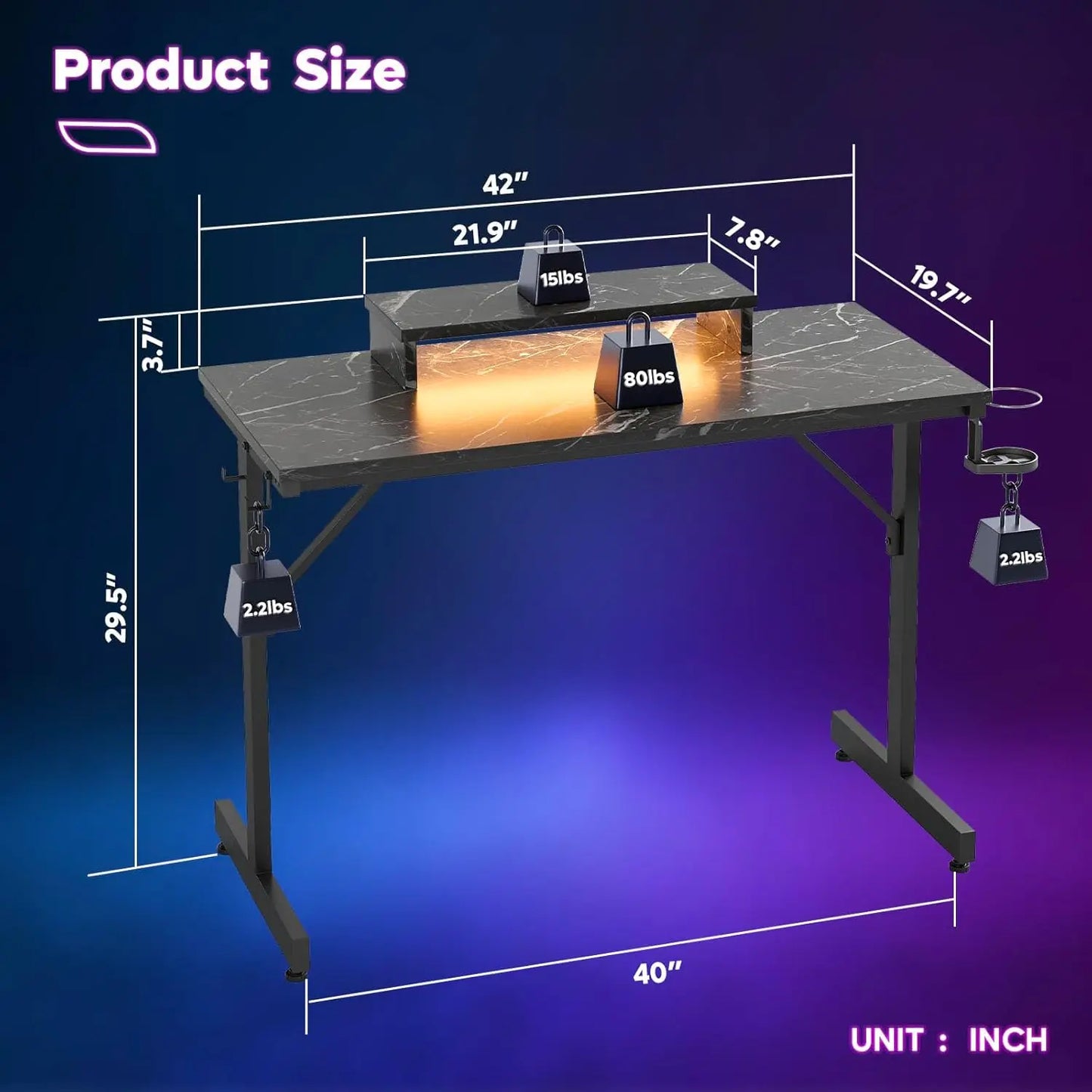 Gaming Desk with LED Lights 42 Inch Computer Desk Gamer Workstation