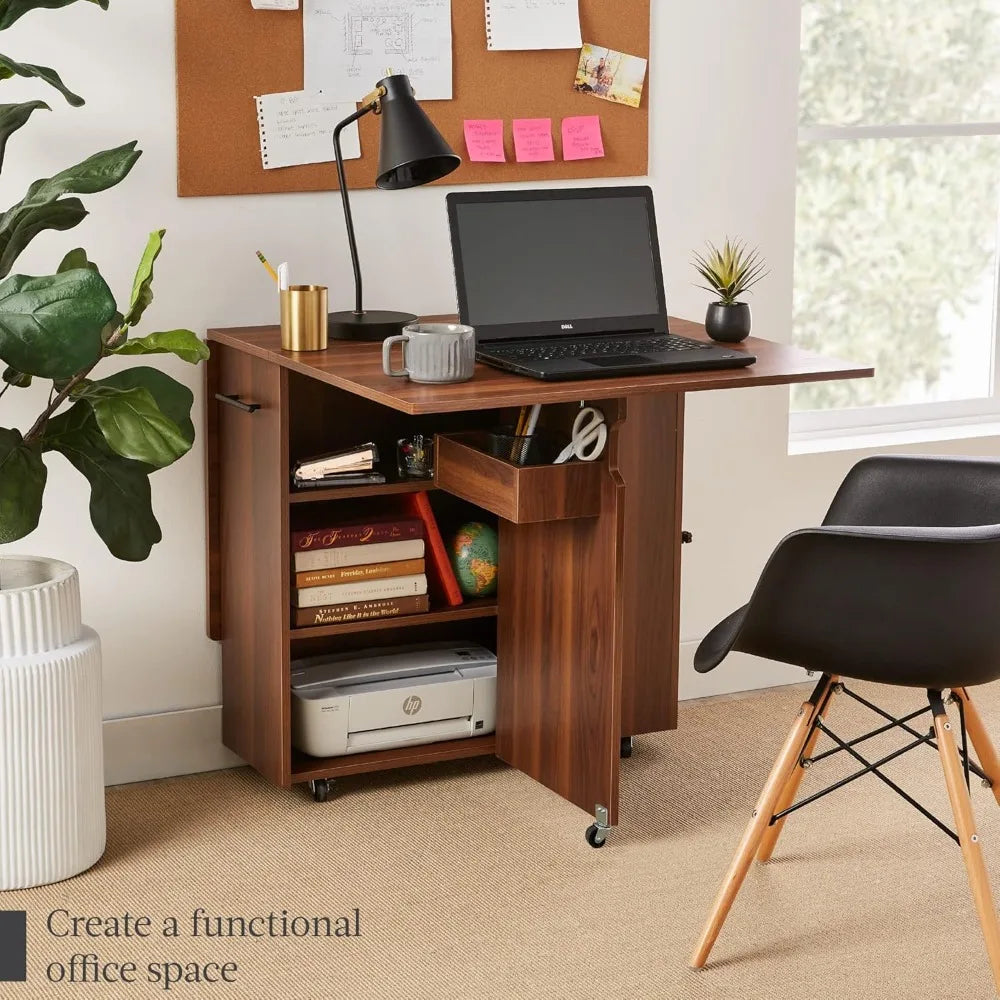 Folding Dining Table Space Saving Drop Leaf Desk with Wheels Storage Shelves