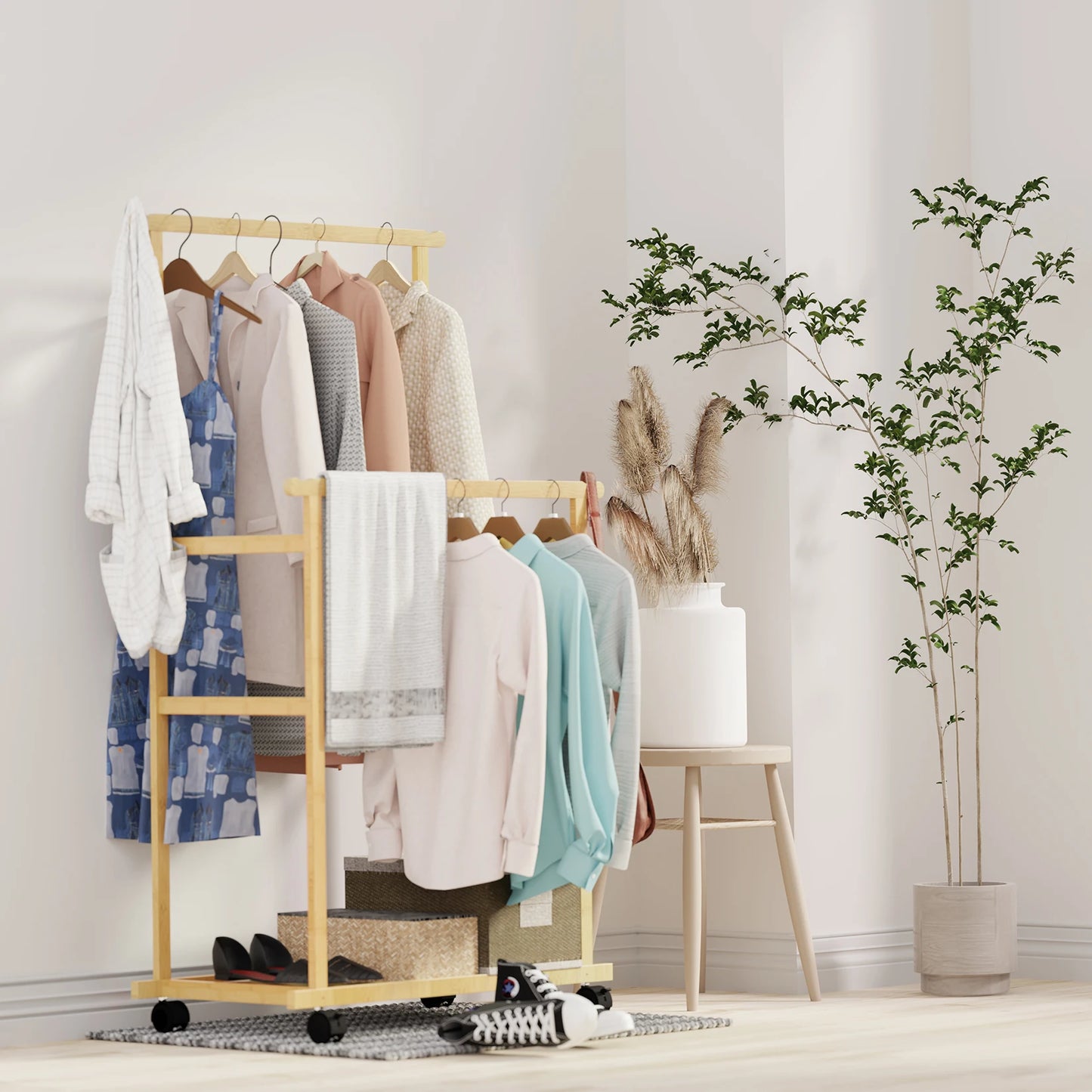 Bamboo Clothes Rail Rack Double Hanging Rails Free Standing Garment Rack