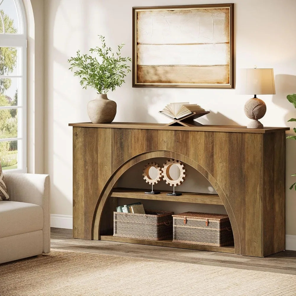 61 Inch Farmhouse Wooden Entryway Table 3 Tier Console Sofa Table