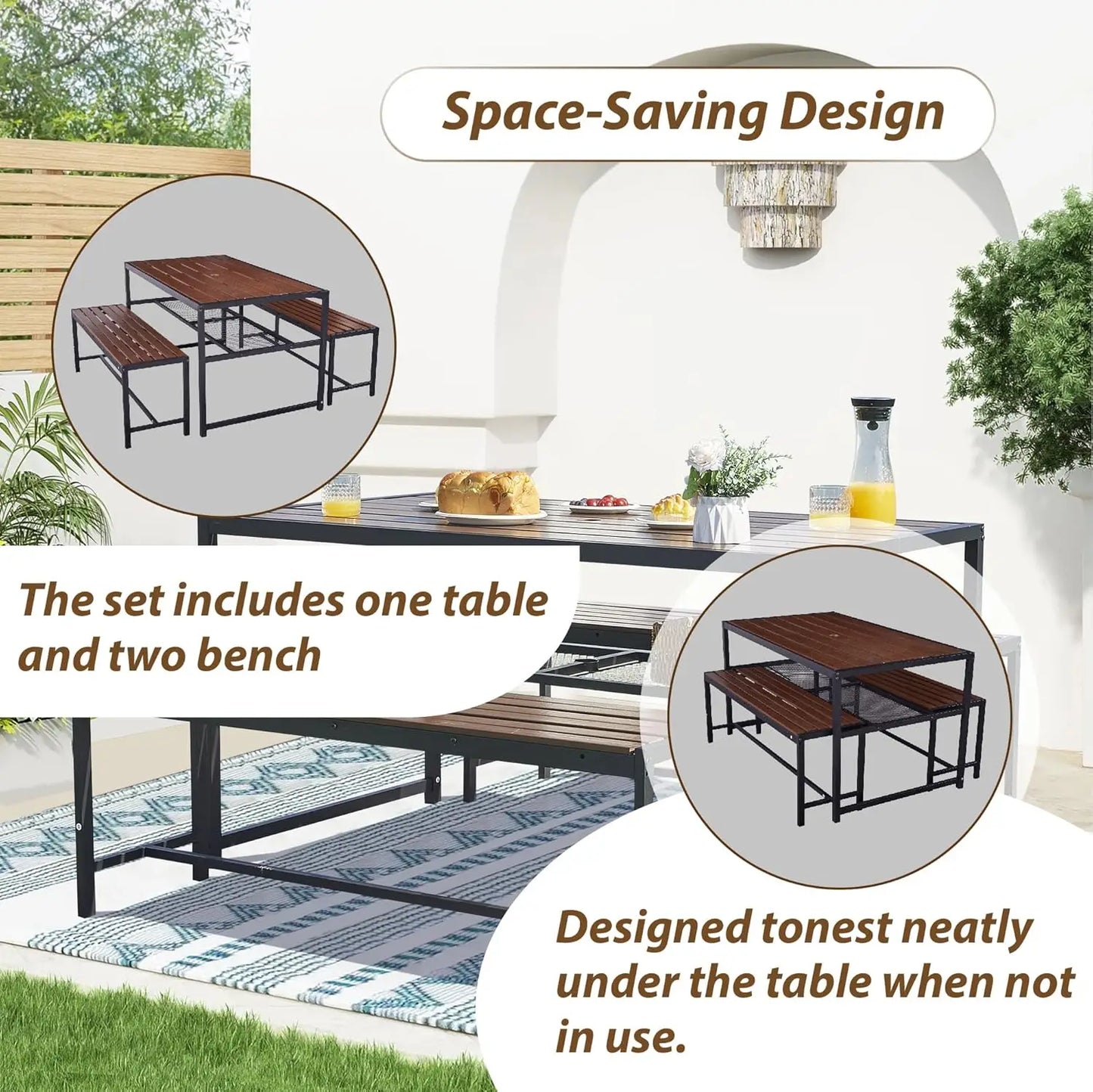 Outdoor Picnic Table Set with Umbrella Hole and Storage Shelf for 6