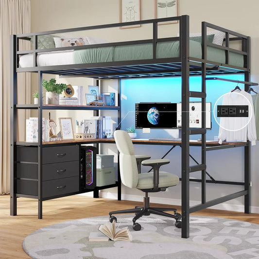 Loft Bed Full Size with Desk Charging Station LED Lights Open Shelves