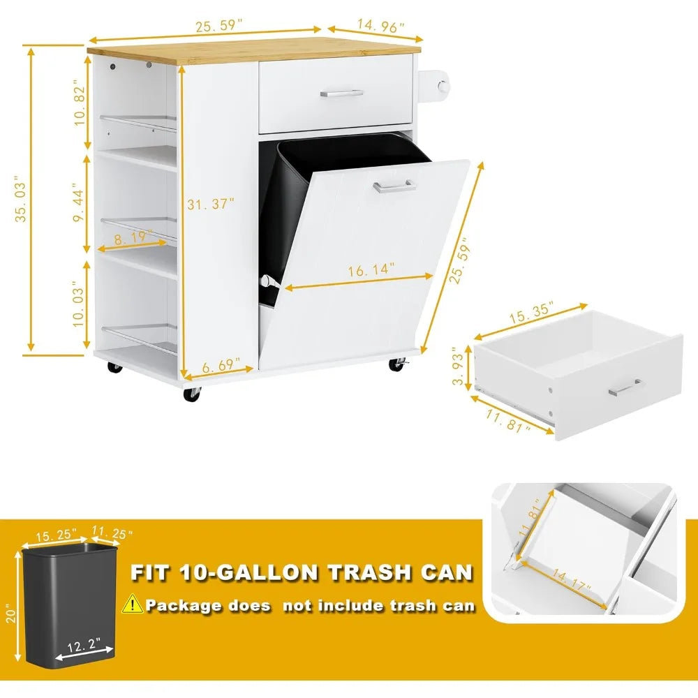 Rolling Kitchen Island on Wheels with Trash Can Storage and Spice Rack