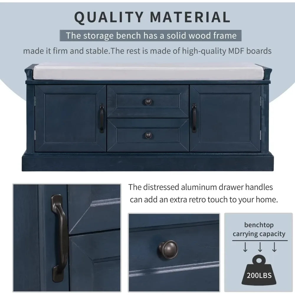 Vintage Entryway Bench with 2 Drawers and 2 Cabinets Wooden Shoe Storage