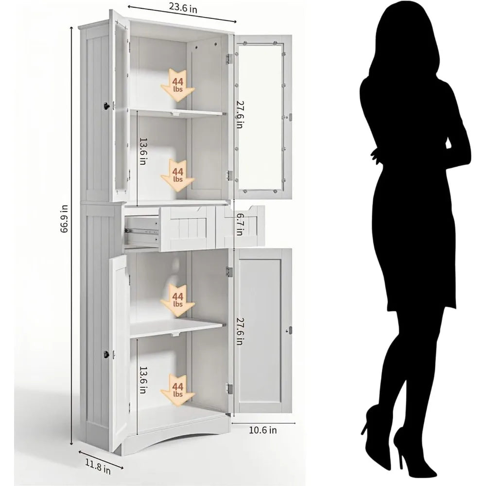 67 Inch Tall Storage Cabinet Freestanding Kitchen Pantry with Glass Doors