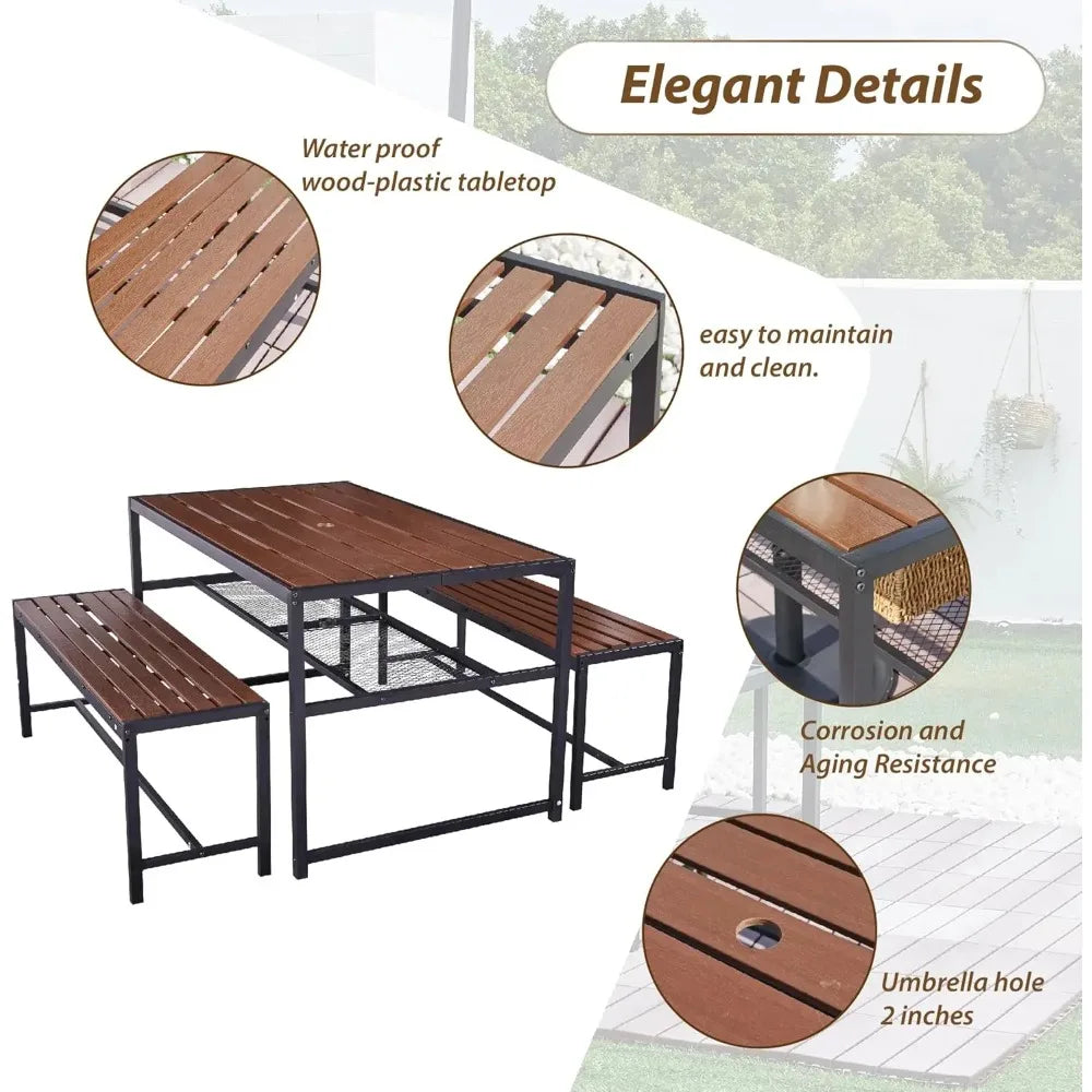 Outdoor Picnic Table Set with Umbrella Hole and Storage Shelf for 6