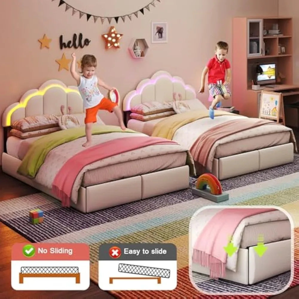 Full Upholstered LED Bed Frame with Storage Drawers and Wavy Headboard