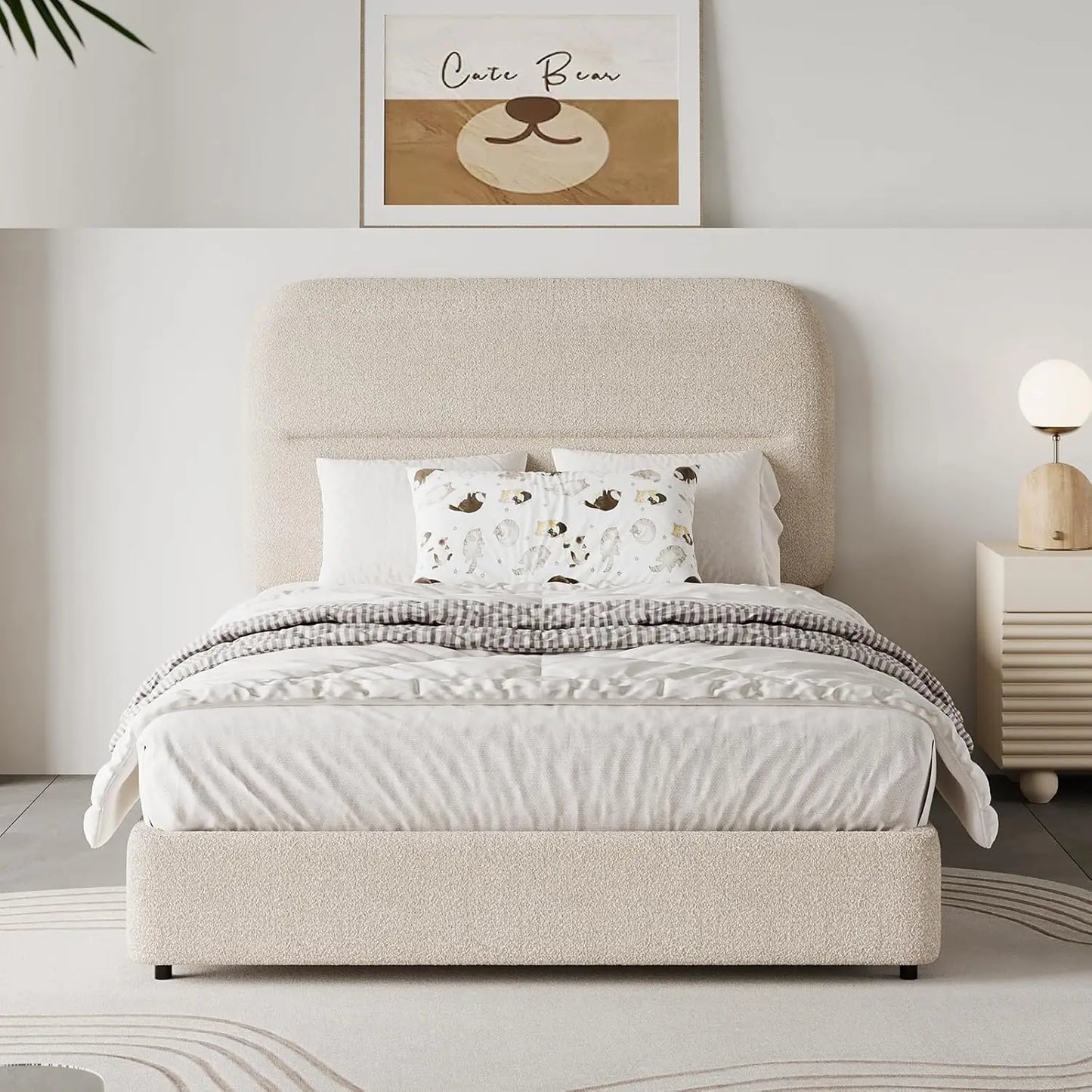 Boucle Upholstered Bed Frame Modern Soft Cloud Bed Frame with Headboard