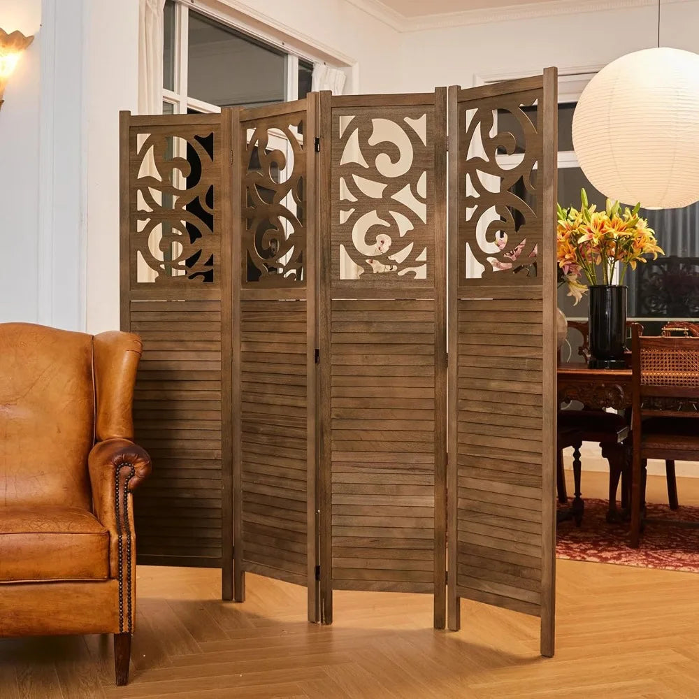 Folding Room Divider 4 Panels Wood Carved Privacy Screen Freestanding