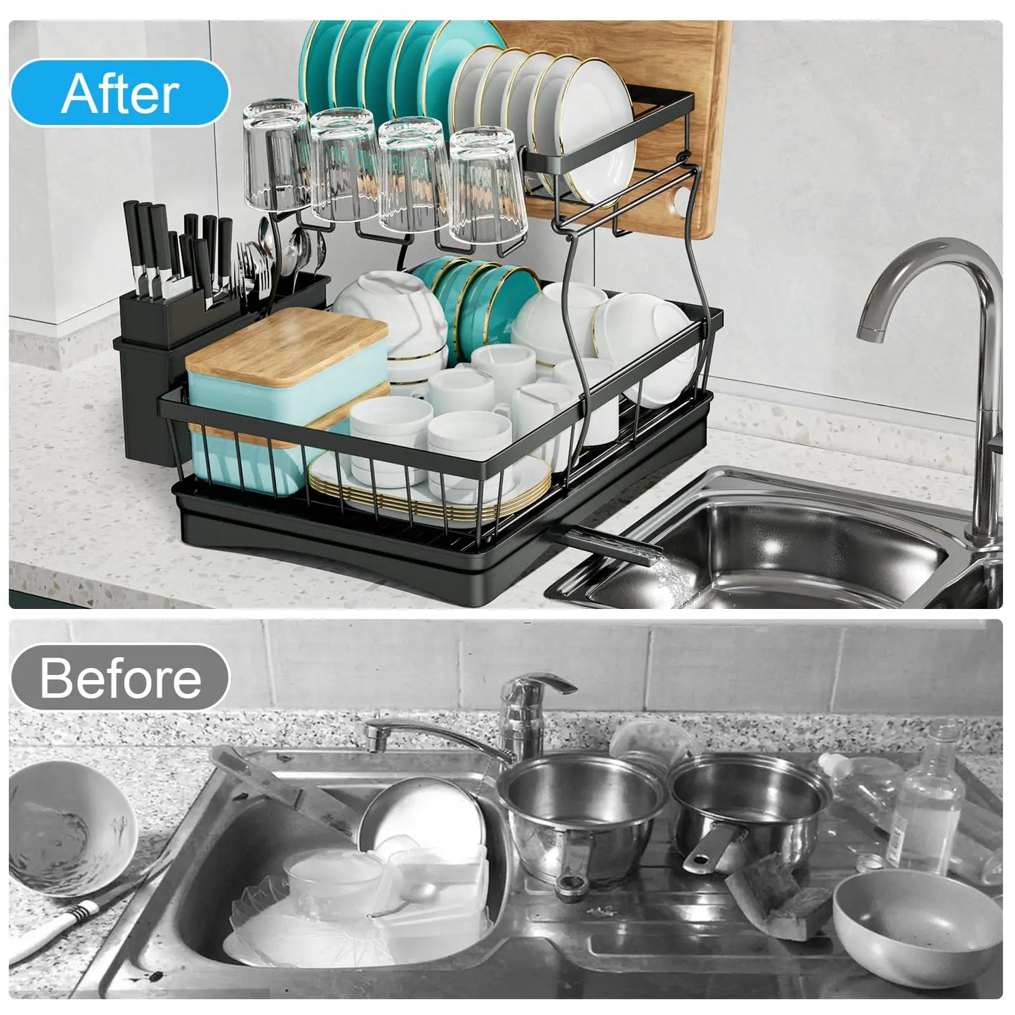 Large 2-Tier Dish Drying Rack Removable Kitchen Countertop Organizer