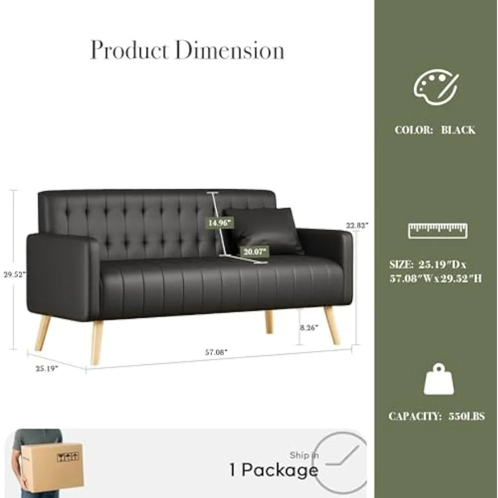 57 Inch Loveseat Sofa Small Faux Leather Couch with USB Ports Modern Design