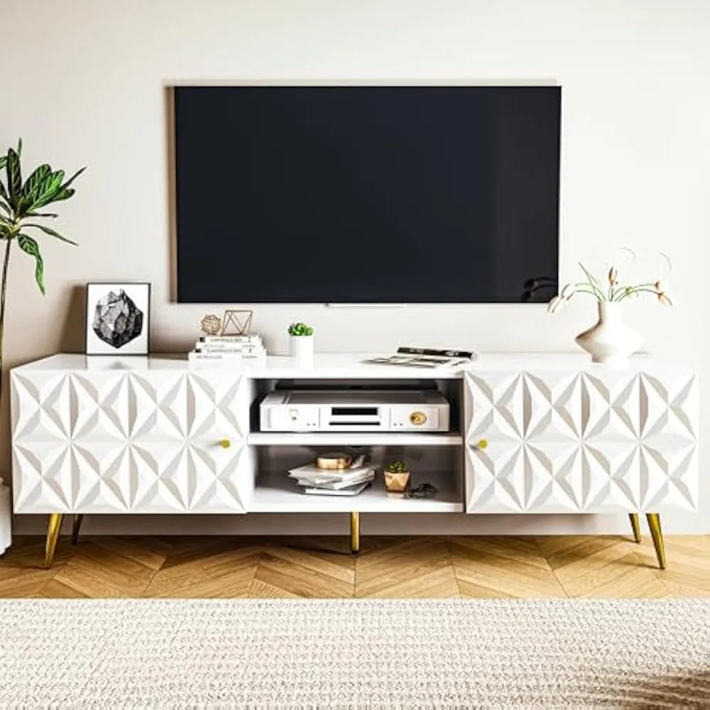 White Modern TV Stand for 65 Inch TV with Storage Cabinets Adjustable Shelves