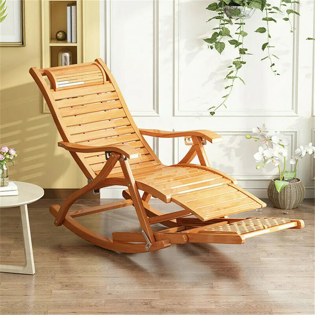 Heavy Duty Bamboo Rocking Chair Adjustable Lounge Recliner Outdoor