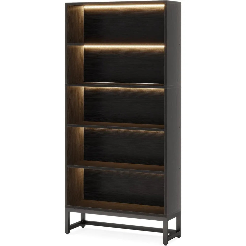 Tall Black Bookcase with LED Lights Heavy Duty Free-Standing Organizer