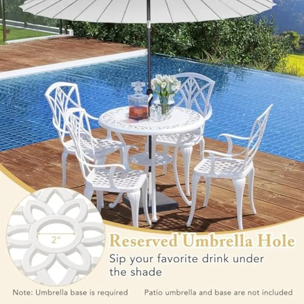 5 Pieces Cast Aluminum Outdoor Dining Set Round Table with Umbrella Hole