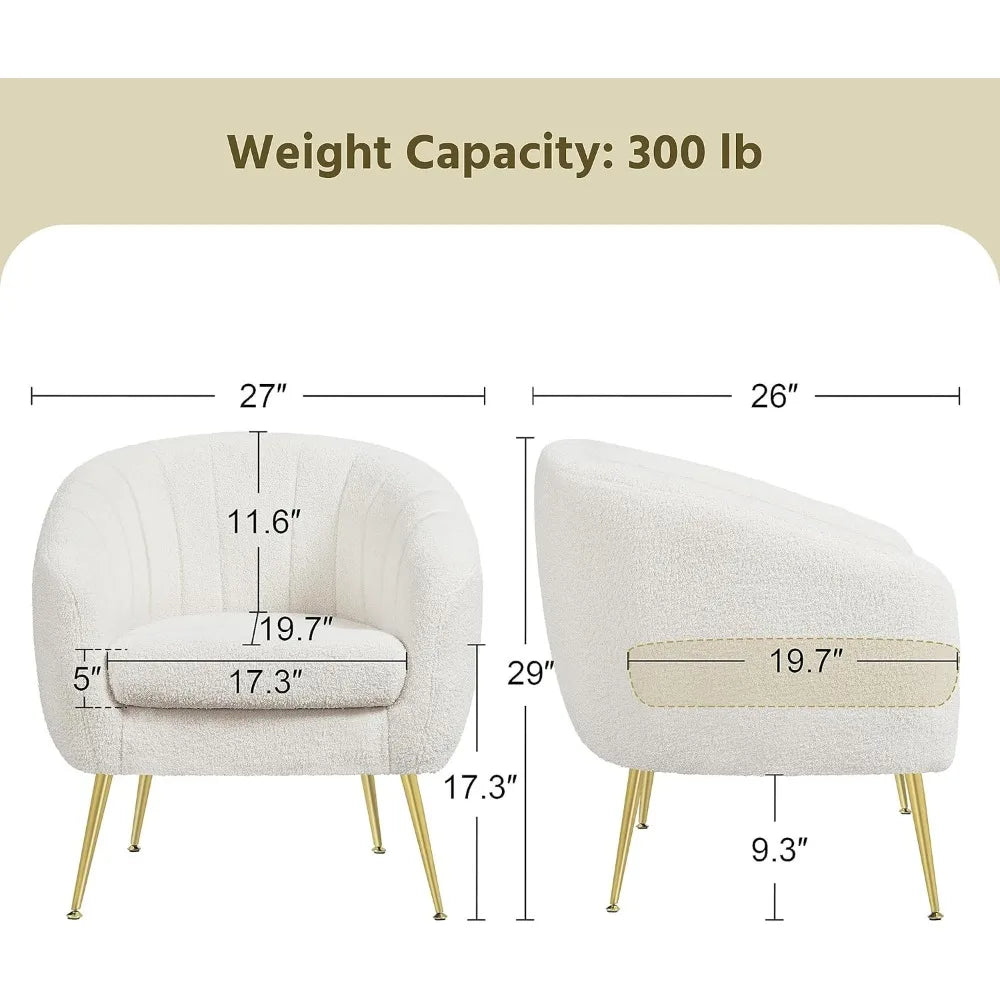 Modern Cozy Accent Chair Boucle Fabric Armchair Gold Metal Legs