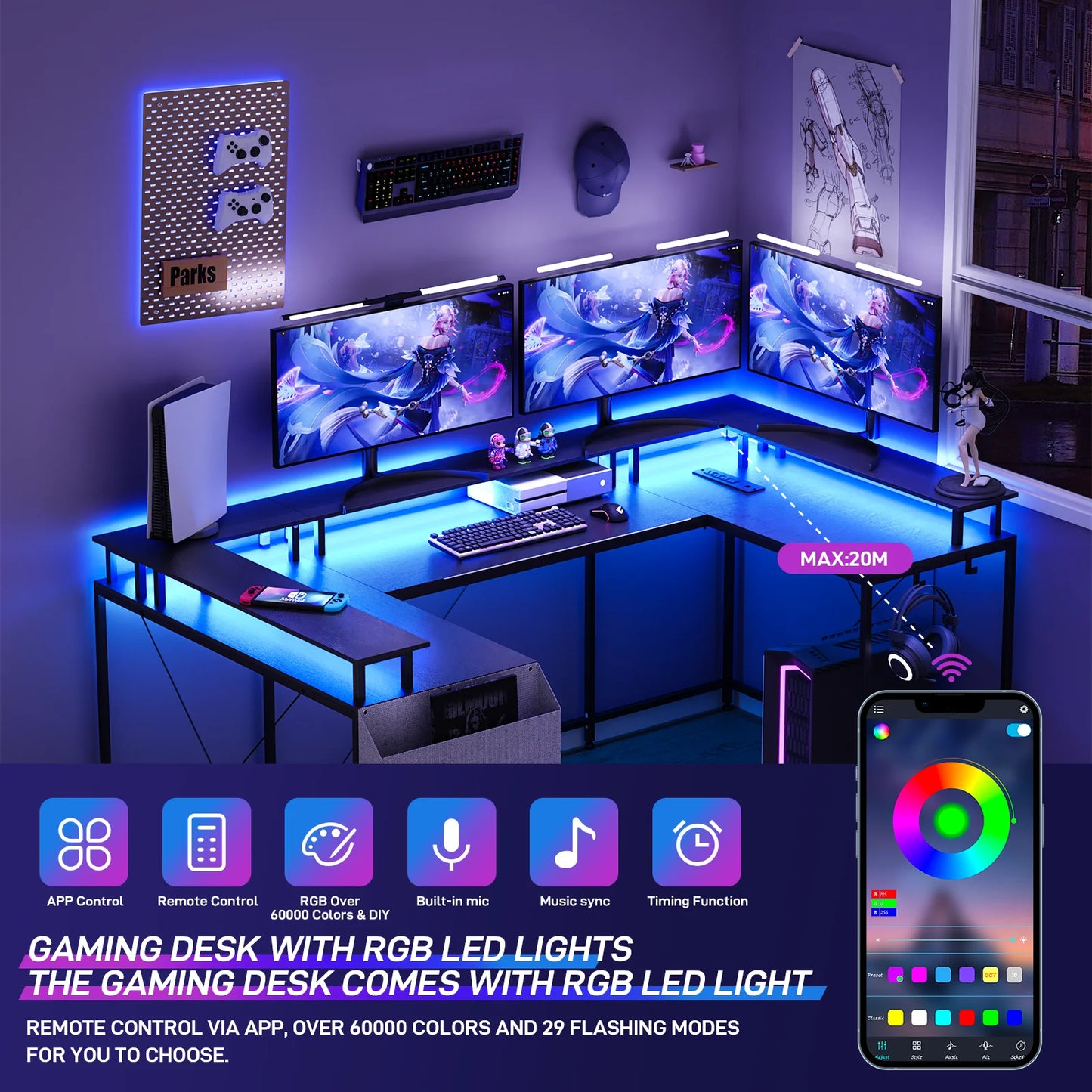Modern L-Shaped Computer Desk with LED Lights Power Outlet and Shelves