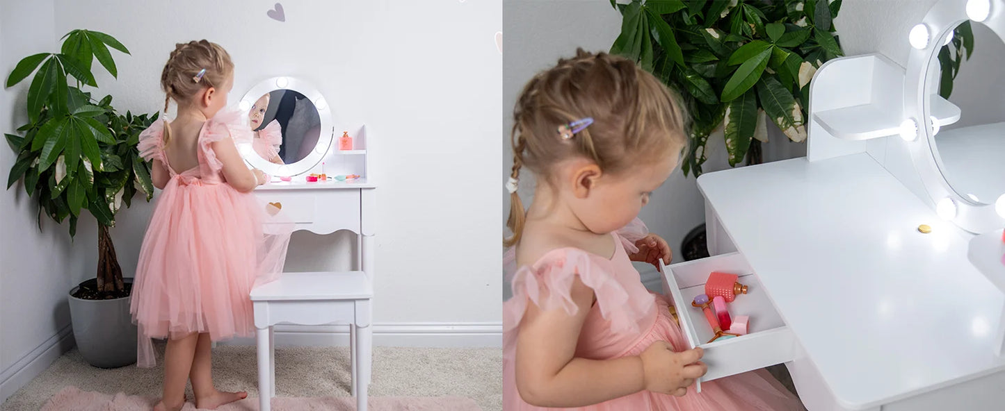 Kids Vanity Set with Mirror Stool Lights for Girls Pretend Play Furniture
