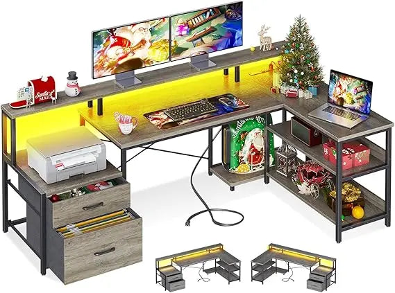 L Shaped Desk with File Drawer Power Outlet LED Lighting Home Office