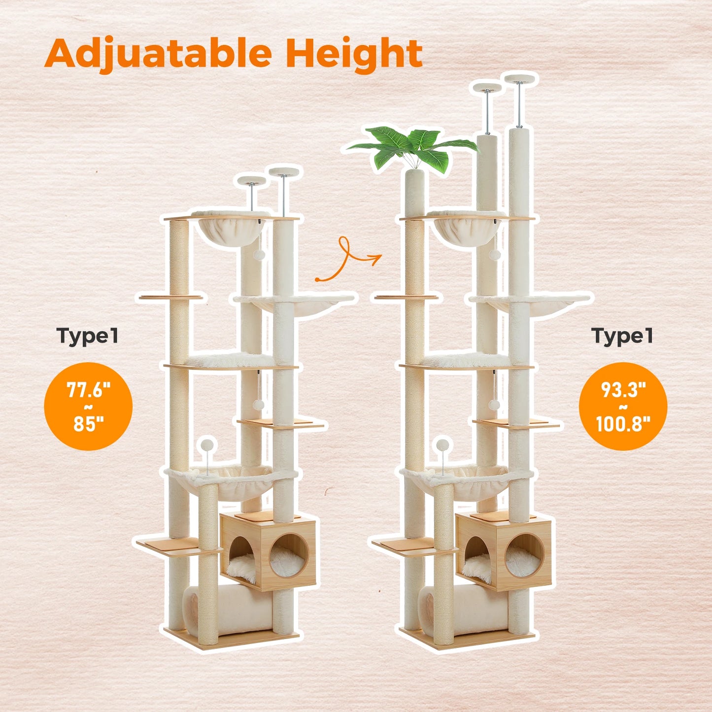 Floor to Ceiling Cat Tree Adjustable Height Wooden Tower with Scratching Posts