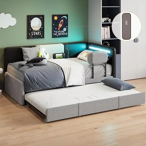 Daybed with Trundle Twin Bed Frame Upholstered LED USB Charging