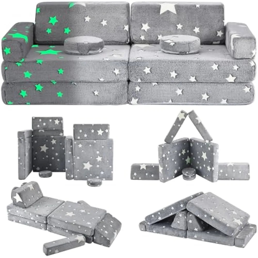 Modular Kids Play Couch 10PC Sofa Set Glow in Dark Foam Fort w/ Washable Cover