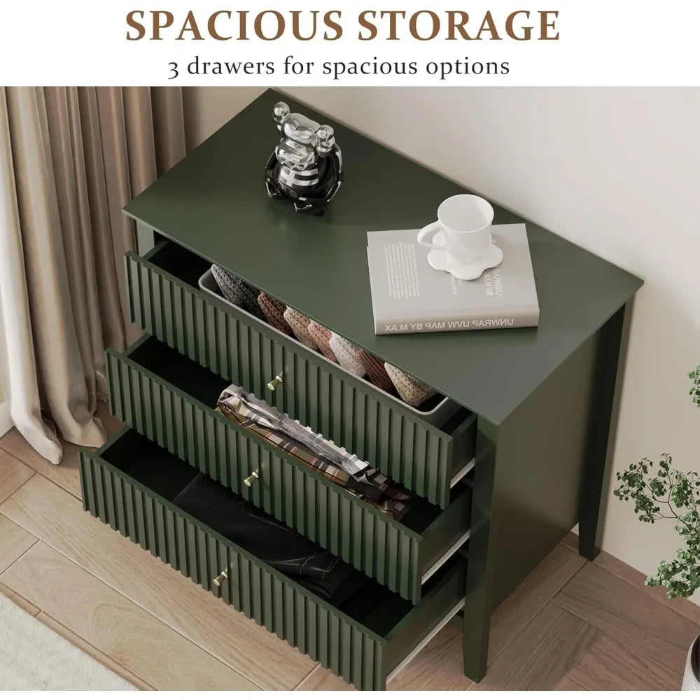 Green Fluted 3 Drawer Dresser Modern Wood Chest of Drawers Nightstand