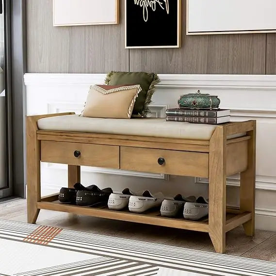 Entry Storage Bench with Cushioned Seat and 2 Drawers for Shoes