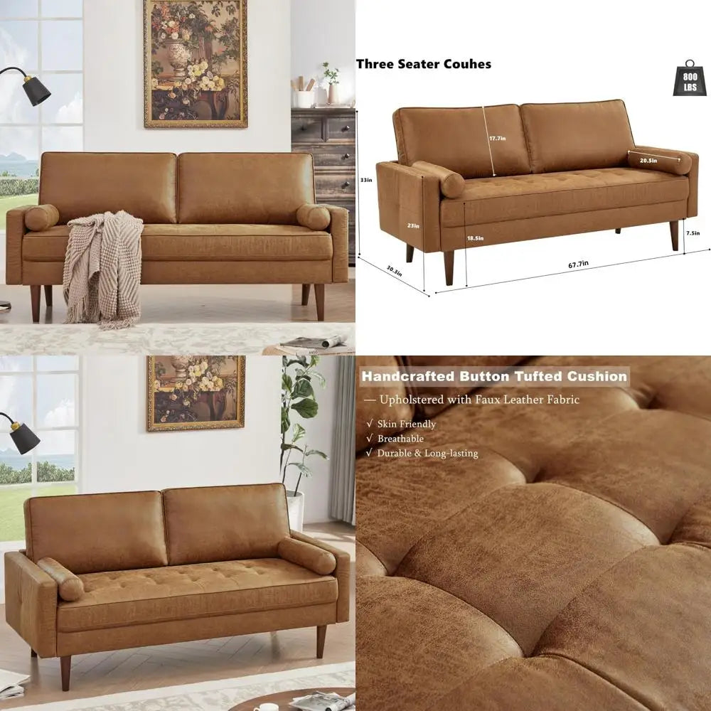 Mid Century Modern Faux Leather Loveseat Tufted Sofa with Pillows