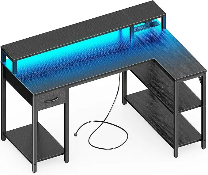 L Shaped Desk with LED Lights Power Outlets Monitor Stand Gaming Desk