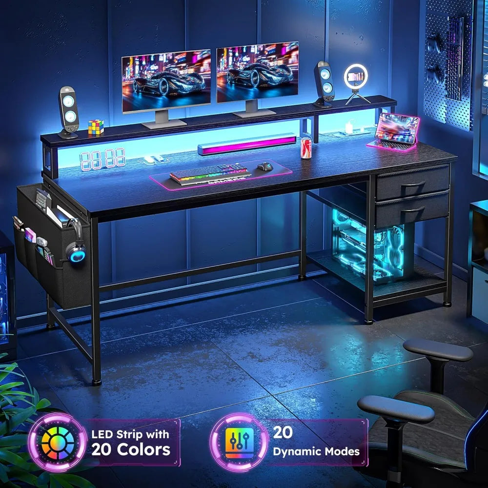 Ljustra Computer Desk with Drawers Storage Bag Power Outlets Monitor Stand