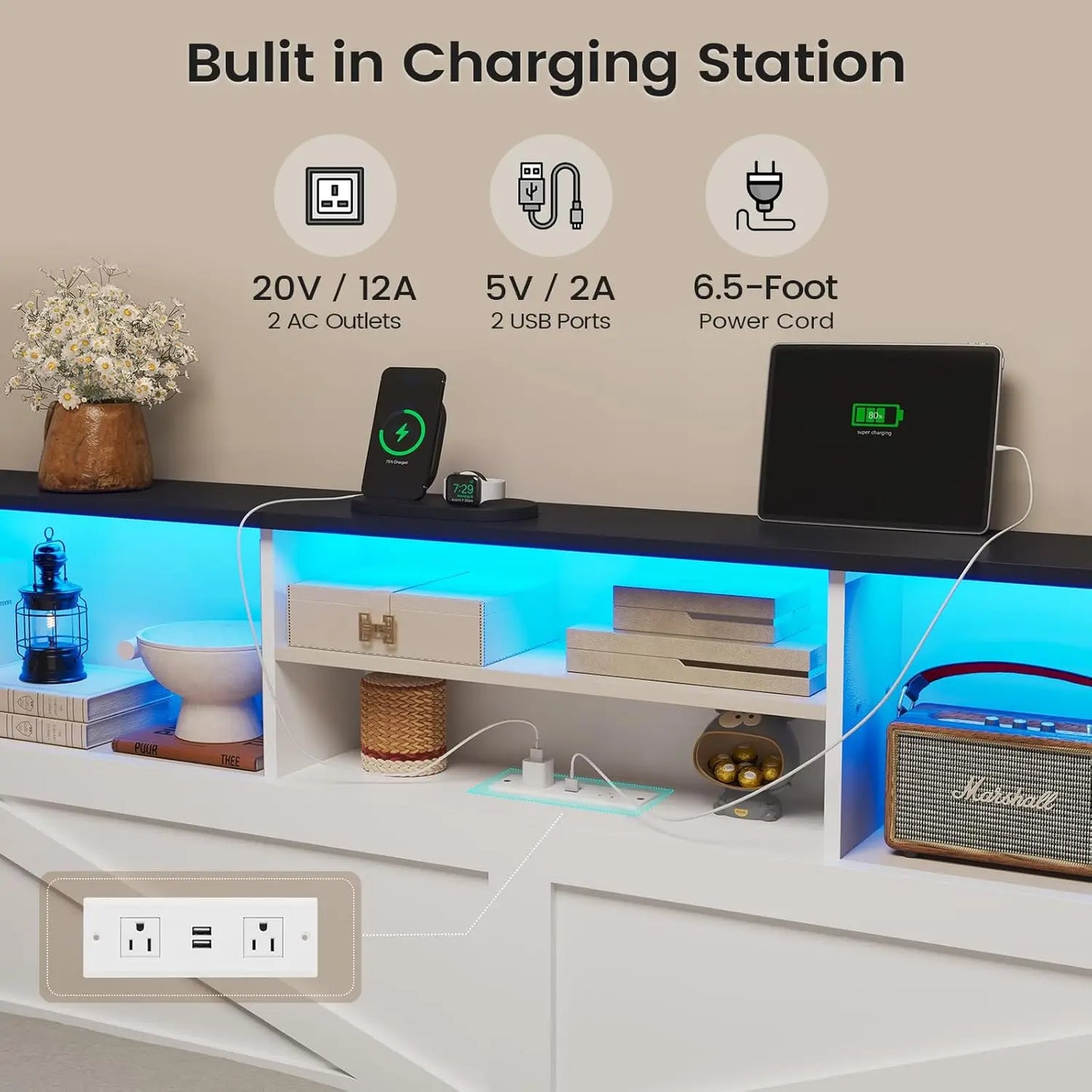 Farmhouse Queen Bed Frame with Storage Drawers and LED Lights