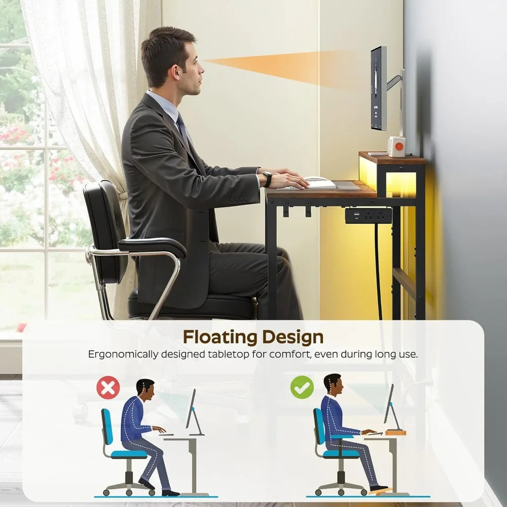 Desk with Charging Station LED Lights Gaming Desk Monitor Stand Home Office