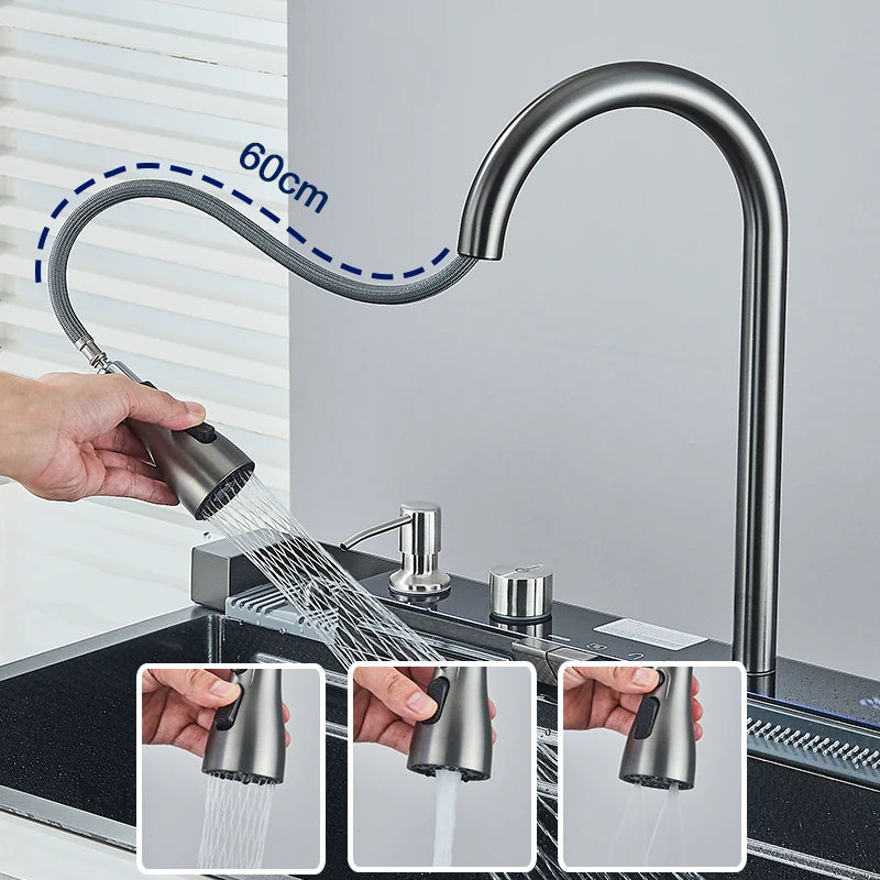 Large Stainless Steel Kitchen Sink with Waterfall Faucet and Display