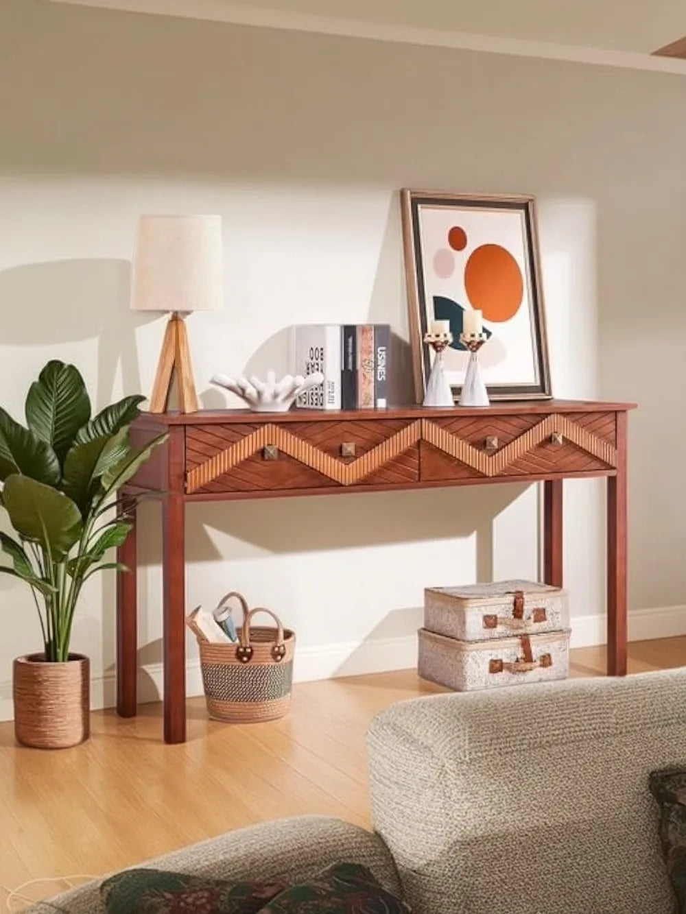 55 Inch Mid Century Modern Console Table with 2 Drawers for Entryway