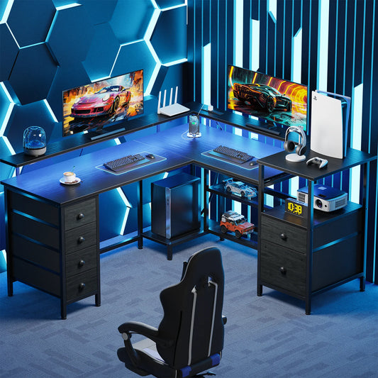 Ljustra 67 Inch Office Desk with Power Sockets LED Lights Adjustable Storage